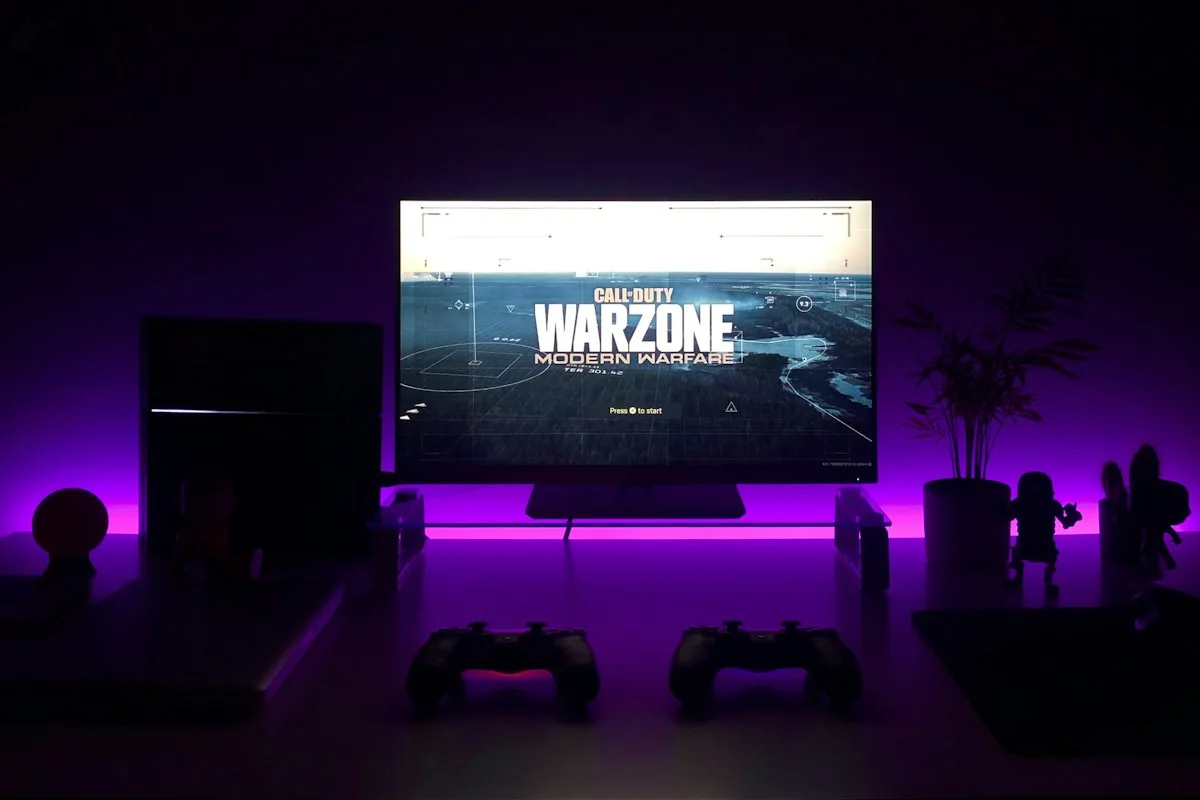 Gaming monitor in a colorful room