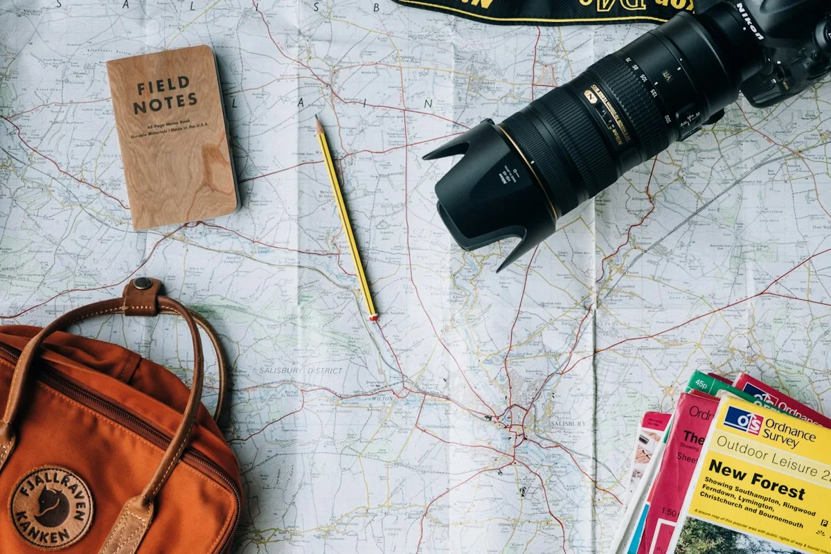 Travel planning flat lay
